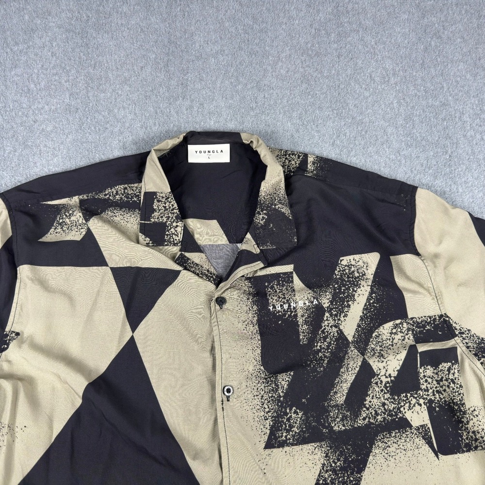 YoungLA Shirt Mens Large Black Geo Button Up Camp Collar